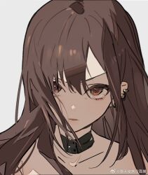  1girl artist_name bags_under_eyes black_choker brown_eyes brown_hair chinese_commentary choker closed_mouth collarbone commentary_request ear_piercing fate/grand_order fate_(series) floating_hair grey_background long_hair looking_ahead lower_eyelashes_only piercing portrait simple_background solo straight_hair tearing_up tears upturned_eyes v-shaped_eyebrows watermark yu_mei-ren_(fate) yu_mei-ren_(third_ascension)_(fate) zhibuji_loom 