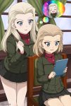  2girls blonde_hair blue_eyes blush breasts clara_(girls_und_panzer) fang girls_und_panzer heaven_condition inoshira katyusha large_breasts mirror multiple_girls open_mouth pravda_school_uniform short_hair skirt smile window 