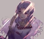  1girl bracelet fire_emblem fire_emblem:_thracia_776 highres holding jewelry kazaki_sera light_rays long_hair looking_at_viewer necklace nintendo purple_hair ring sara_(fire_emblem) smile solo staff violet_eyes wavy_hair 