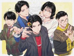 1girl 4boys aam09212 bakugami_ryugi black_hair black_jacket blue_eyes byakuya_rikuo copyright_name glasses green_eyes group_picture highres ichikawa_sumino jacket jewelry medium_hair multiple_boys no.1_sentai_gozyuger pink_eyes priest red_shirt ring sentai_ring shirt short_hair super_sentai takehara_kinjiro tono_hoeru white_shirt yellow_eyes
