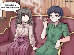  1boy 1girl absurdres arm_rest arm_support artist_name black_eyes black_hair brown_eyes brown_hair brown_shirt closed_mouth commentary english_text fear_&amp;_hunger_(series) fear_&amp;_hunger_2:_termina frilled_shirt_collar frills green_jumpsuit grin highres joint_(drug) jumpsuit levi_(fear_&amp;_hunger) long_hair long_sleeves looking_at_another marijuana marina_(fear_&amp;_hunger) neck_ribbon pink_skirt pleated_skirt ribbon sakimitsloe shirt shirt_tucked_in short_hair short_sleeves sitting skirt smile speech_bubble stoned 