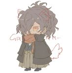  1boy animal_ears bangs blue_footwear blue_kimono blush brown_eyes brown_hair brown_hakama brown_scarf chibi dog_ears dog_tail drawn_ears drawn_tail eyebrows_visible_through_hair fang fate/grand_order fate_(series) full_body hair_over_one_eye hakama japanese_clothes kidhukaji kimono male_focus okada_izou_(fate) open_mouth scarf short_kimono simple_background solo standing tail v-shaped_eyebrows white_background 