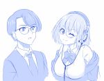  1boy 1girl ;) blue bow closed_mouth denkou_choujin_gridman glasses headphones highres looking_at_another looking_at_viewer monochrome off_shoulder one_eye_closed school_uniform shinjou_akane simple_background sketch smile ssss.gridman toudou_takeshi trait_connection upper_body viperxtr white_background 