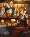  1boy 1girl backpack bag beard beer_mug black_neckwear black_ribbon black_vest blue_eyes blush bottle bow bowtie brown_hair brown_jacket brown_legwear character_request collared_shirt commentary_request cup danann drinking_glass eyepatch facial_hair fate/grand_order fate_(series) food forehead grin hair_over_one_eye highres holding holding_cup ice ice_cube jacket long_hair long_sleeves mash_kyrielight mug neck_ribbon open_mouth ophelia_phamrsolone pantyhose ribbon riyo_(lyomsnpmp)_(style) shirt sitting smile stool vest white_shirt 