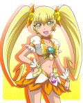  1girl :d blonde_hair bow breasts choker cleavage collarbone cowboy_shot crop_top cure_sunshine earrings eyebrows_visible_through_hair floating_hair gradient gradient_background hair_between_eyes hair_ornament hand_on_hip hanzou head_tilt heartcatch_precure! jewelry long_hair magical_girl midriff miniskirt myoudouin_itsuki navel open_mouth orange_bow orange_skirt polka_dot polka_dot_background precure shiny shiny_hair short_sleeves skirt small_breasts smile solo standing stomach twintails very_long_hair wrist_cuffs yellow_eyes 