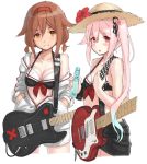  2girls bikini black_bikini blue_hair braid breasts brown_eyes brown_hair cleavage cowboy_shot electric_guitar gradient_hair guitar hairband hands_in_pockets harusame_(kantai_collection) hat hayashi_naoharu instrument jacket kantai_collection looking_at_viewer low_twintails medium_breasts multicolored_hair multiple_girls pink_hair red_eyes red_hairband shiratsuyu_(kantai_collection) short_hair side_ponytail simple_background straw_hat swimsuit twin_braids twintails white_background white_jacket 
