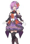  1girl :d alternate_costume bare_shoulders black_legwear boots commentary_request fate/grand_order fate_(series) gloves hair_ornament hair_over_one_eye highres looking_at_viewer mash_kyrielight necktie open_mouth purple_hair shirokuma_a short_hair short_necktie simple_background sketch smile solo standing thigh-highs violet_eyes white_background white_gloves zettai_ryouiki 