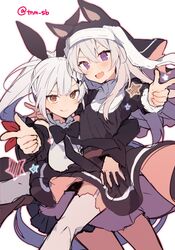  2girls animal_ears blush breasts brown_eyes cat_ears fang finger_gun five-seven_(girls_frontline) girls_frontline ikeuchi_tanuma long_hair looking_at_viewer multiple_girls nun open_mouth p7_(girls_frontline) ponytail ribbon silver_hair thigh-highs violet_eyes 