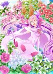  1girl :d cape covered_navel cure_blossom dress elbow_gloves floating_hair flower gloves hanasaki_tsubomi heartcatch_precure! heterochromia high_heels highres long_hair open_mouth outstretched_arm pink_eyes precure purple_flower purple_hair red_flower short_dress sleeveless sleeveless_dress smile solo thigh-highs twintails very_long_hair violet_eyes white_cape white_dress white_gloves white_legwear yuutarou_(fukiiincho) 
