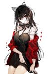  1girl :o bangs bare_shoulders black_dress black_hair blush breasts dress eyebrows_visible_through_hair hair_between_eyes head_tilt highres long_hair looking_at_viewer medium_breasts naru_(ul) off_shoulder open_mouth original red_eyes ribbon simple_background solo standing white_background 