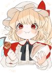  1girl :i alternate_costume bangs black_neckwear black_ribbon blonde_hair blush bow commentary_request cropped_torso crystal flandre_scarlet food gotoh510 hat hat_bow highres holding holding_food long_hair looking_at_viewer mob_cap neck_ribbon one_side_up red_bow red_eyes ribbon simple_background solo takoyaki touhou translated upper_body white_background white_hat wings wrist_cuffs 