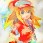  1girl blonde_hair breasts cabbie_hat commentary_request dinef green_eyes hat jacket long_hair looking_at_viewer red_jacket rockman rockman_dash rockman_dash_3 roll_caskett smile solo 