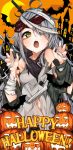  1girl 7:08 :o ahoge bandage bandaged_head bandages bat claw_pose commentary g11_(girls_frontline) girls_frontline grey_hair happy_halloween highres jack-o&#039;-lantern knife_in_head long_hair looking_at_viewer solo torn_clothes 