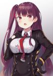  1girl bangs black_skirt blazer blush bra bra_peek breasts bushinofuji collared_shirt eyebrows_visible_through_hair framed_breasts girls_frontline gloves gradient gradient_background hair_ribbon half_updo hand_on_hip hand_up high-waist_skirt highres jacket large_breasts long_hair long_sleeves looking_at_viewer necktie one_side_up open_mouth partially_unbuttoned pink_bra purple_hair red_eyes red_neckwear ribbon shirt simple_background skirt solo strap striped striped_shirt taut_clothes underwear upper_body very_long_hair wa2000_(girls_frontline) white_shirt 