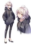 1girl ahoge alternate_costume black_pants black_sweater casual collarbone commentary_request contemporary fate/grand_order fate_(series) hands_in_pockets high_heels hood hooded_sweater jeanne_d&#039;arc_(alter)_(fate) jeanne_d&#039;arc_(fate)_(all) looking_at_viewer looking_away ne-on pants short_hair silver_hair simple_background solo sweater translated twitter_username white_background yellow_eyes zoom_layer 
