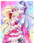 2girls aisaki_emiru bangs black_legwear blonde_hair blunt_bangs bow cure_amour cure_macherie dress floating_hair frilled_legwear gloves hair_bow hand_on_another&#039;s_shoulder hanzou highres hug hugtto!_precure layered_dress long_hair looking_at_viewer multiple_girls precure purple_bow red_bow red_eyes ruru_amour shiny shiny_hair short_dress short_sleeves shoulder_cutout silver_hair smile star thigh-highs twintails very_long_hair violet_eyes white_gloves white_legwear 