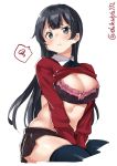  1girl agano_(kantai_collection) alternate_costume bangs black_bra black_hair black_legwear black_neckwear black_skirt blush bra breasts clothes_lift collared_shirt ebifurya embarrassed frilled_bra frills green_eyes highres kantai_collection large_breasts long_hair looking_at_viewer midriff miniskirt navel pleated_skirt seiza shiny shiny_skin shirt simple_background sitting skindentation skirt solo spoken_squiggle squiggle stomach sweater sweater_lift thigh-highs thighs twitter_username underwear v_arms 