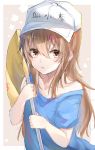  1girl bangs bare_shoulders blue_shirt brown_eyes brown_hair character_name clothes_writing collarbone commentary_request eyebrows_visible_through_hair flag flat_cap hair_between_eyes hands_up hat hataraku_saibou highres holding holding_flag long_hair looking_at_viewer off_shoulder parted_lips platelet_(hataraku_saibou) poono shirt short_sleeves solo upper_body very_long_hair white_hat 