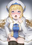  1girl blonde_hair blue_eyes blush breasts cheese crying crying_with_eyes_open dantes_ward dress eating eyebrows_visible_through_hair food goblin_slayer! hair_between_eyes hat highres long_hair looking_at_viewer medium_breasts open_mouth priestess_(goblin_slayer!) sexually_suggestive shiny shiny_hair solo tears thigh-highs tongue tongue_out very_long_hair 