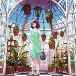  1girl arm_up blue_sky brown_eyes brown_hair checkered checkered_floor day dress florist green_dress highres indoors lantern medium_hair one_eye_closed original ost02 plant potted_plant puffy_short_sleeves puffy_sleeves sandals short_sleeves sky solo standing watering_can window zanshomimai 