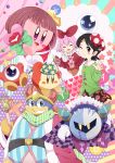  +_+ 2girls :d ;) adeleine bandana_waddle_dee bandanna bird black_hair black_skirt blush_stickers brown_eyes buttons closed_eyes green_sweater hair_ornament hand_up hat heart highres king_dedede kirby kirby&#039;s_dream_land kirby_(series) kracko mask meta_knight multiple_girls nintendo one_eye_closed open_mouth penguin polka_dot ponto1588 red_hat skirt smile staff star sweater tilted_headwear waddle_doo wig x_hair_ornament 