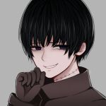  1boy bangs black_gloves black_hair blue_eyes clenched_teeth commentary_request fang gloves grey_background grin hand_up iagiluerbgnio looking_at_viewer male_focus neck_scar original portrait simple_background smile smug stitches teeth 