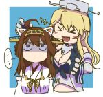  &gt;_&lt; ... 2girls :d ahoge animal_ears betchan blonde_hair breasts brown_hair cat_ears cleavage commentary_request detached_sleeves fake_animal_ears gloves hat iowa_(kantai_collection) kantai_collection kongou_(kantai_collection) long_hair multiple_girls open_mouth shaded_face smile spoken_ellipsis upper_body 