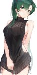  1girl absurdres backless_dress backless_outfit bangs bare_shoulders black_sweater blush breasts closed_mouth commentary dress earrings eyebrows_behind_hair fire_emblem fire_emblem:_rekka_no_ken green_eyes green_hair high_ponytail highres hips jewelry large_breasts long_hair looking_at_viewer lyndis_(fire_emblem) meme_attire nintendo ormille ponytail ribbed_sweater sideboob simple_background solo sweater sweater_dress symbol_commentary turtleneck turtleneck_sweater very_long_hair virgin_killer_sweater waist white_background 