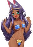  1girl :d animal_ear_fluff animal_ears aqua_eyes armpit_peek arms_up bangs bare_arms bare_shoulders bikini blue_bikini blush breasts breasts_apart circlet clothes_writing collarbone commentary_request cowboy_shot dark_skin eyebrows_visible_through_hair eyeliner eyepatch_bikini fang fate/grand_order fate_(series) gem groin head_tilt highres long_hair looking_at_viewer makeup medium_breasts mikumo_(lpmkookm) navel open_mouth parted_bangs purple_hair queen_of_sheba_(fate/grand_order) sidelocks simple_background skindentation smile solo stomach strapless strapless_bikini swimsuit tail translation_request under_boob very_long_hair white_background 