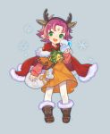  1girl alternate_costume animal_ears antlers bell boots cape cbc_p dress fa facial_mark fake_animal_ears fire_emblem fire_emblem:_fuuin_no_tsurugi forehead_mark full_body fur_trim green_eyes long_sleeves mamkute nintendo open_mouth pointy_ears purple_hair reindeer_antlers reindeer_ears sack short_hair snowflakes solo standing white_legwear 