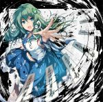  1girl album_cover blue_eyes blue_skirt breasts commentary_request cover d: detached_sleeves eyebrows_visible_through_hair floating_hair foreshortening frilled_skirt frills frog_hair_ornament green_hair hair_ornament hair_tubes hand_up hirai_yuzuki holding kochiya_sanae long_hair looking_at_viewer motion_blur navel nontraditional_miko ofuda open_mouth outside_border outstretched_arm serious shirt skirt snake_hair_ornament solo touhou v-shaped_eyebrows white_shirt 