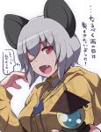  1girl alternate_breast_size animal_ears breasts coat commentary_request fang grey_hair hair_between_eyes long_sleeves medium_breasts mouse_ears nazrin one_eye_closed otoufu_(wddkq314band) red_eyes short_hair solo sweat touhou 