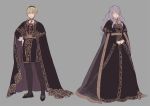  1boy 1girl ai-wa blonde_hair brother_and_sister camilla_(fire_emblem_if) cape dress european_clothes fire_emblem fire_emblem_if full_body grey_background hair_over_one_eye leon_(fire_emblem_if) nintendo purple_hair siblings simple_background wavy_hair 