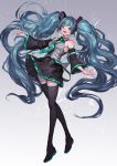  1girl absurdres aqua_eyes aqua_hair armpits bare_shoulders blue_eyes detached_sleeves floating_hair green_hair hatsune_miku highres lm7_(op-center) long_hair looking_at_viewer necktie outstretched_hand skirt sleeveless solo standing thigh-highs twintails very_long_hair vocaloid wide_sleeves 