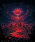  clouds dark_clouds esuthio fantasy forest forest_of_eldraine magic:_the_gathering moon mountain nature official_art red_moon river river_of_blood tower 