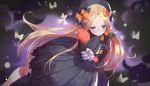  1girl abigail_williams_(fate/grand_order) arm_at_side bangs black_bow black_dress black_hat blonde_hair blue_eyes blush bow bug butterfly closed_mouth commentary_request dress fate/grand_order fate_(series) forehead hair_bow hand_up hat insect long_hair long_sleeves looking_at_viewer object_hug orange_bow parted_bangs polka_dot polka_dot_bow sleeves_past_fingers sleeves_past_wrists solo stuffed_animal stuffed_toy teddy_bear timmy_(tztime) very_long_hair 