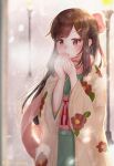  1girl blowing_on_hands blush brown_eyes brown_hair floral_print hands_up highres japanese_clothes kimono lamppost led_awaame long_hair original pink_scarf scarf standing twitter_username wide_sleeves 