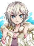  1girl anastasia_(idolmaster) blue_eyes coat earrings eyebrows_visible_through_hair fur_trim hair_between_eyes idolmaster idolmaster_cinderella_girls jewelry long_sleeves looking_at_viewer necklace office_lady open_clothes open_coat parted_lips purple_shirt shirt short_hair silver_hair smile tsukikage_oyama upper_body white_coat 