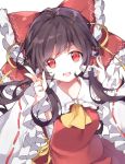 1girl :d ascot bangs bow brown_hair detached_sleeves eyebrows_visible_through_hair frilled_bow frilled_shirt_collar frilled_sleeves frills hair_bow hair_tubes hakurei_reimu hands_up jpeg_artifacts long_hair long_sleeves looking_at_viewer open_mouth red_bow red_eyes red_shirt ribbon-trimmed_sleeves ribbon_trim risui_(suzu_rks) sarashi shirt simple_background skirt skirt_set smile solo touhou upper_body w white_background wide_sleeves yellow_neckwear 