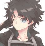  1boy bangs black_gloves black_hair black_jacket blue_eyes closed_mouth collarbone command_spell fate/grand_order fate_(series) fujimaru_ritsuka_(male) gloves hand_up jacket kidhukaji looking_at_viewer male_focus one_eye_closed polar_chaldea_uniform rubbing_eyes simple_background solo uniform white_background 