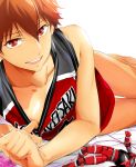  1boy basketball_uniform brown_hair ensemble_stars! highres jersey kei1_833 looking_at_viewer male_focus morisawa_chiaki open_mouth red_eyes smile solo sportswear top_pull 
