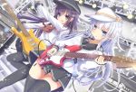  2girls :d akatsuki_(kantai_collection) aruka_(alka_p1) bangs bass_guitar belt black_hat black_legwear black_sailor_collar black_skirt blue_eyes blue_hair blush brown_neckwear commentary_request concert eyebrows_visible_through_hair fender_mustang flat_cap guitar hair_between_eyes hair_ornament hairclip hammer_and_sickle hat hibiki_(kantai_collection) holding holding_instrument instrument kantai_collection long_hair long_sleeves looking_at_viewer messy_hair multiple_girls neckerchief open_mouth outstretched_arm pantyhose parted_lips partial_commentary pleated_skirt plectrum purple_hair red_neckwear sailor_collar school_uniform serafuku shirt silver_hair skirt smile speaker stage stage_lights standing standing_on_one_leg star thigh-highs verniy_(kantai_collection) very_long_hair violet_eyes white_hat white_serafuku white_shirt 