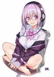  1girl bangs bow breasts chair collared_shirt glasses headphones indian_style jacket large_breasts lavender_hair long_sleeves looking_at_viewer off_shoulder open_mouth pink_bow purple_jacket red_eyes school_uniform shinjou_akane shirt short_hair sitting ssss.gridman suisen white_shirt 