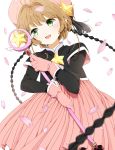  1girl :d antenna_hair blush braid brown_hair card_captor_sakura dress fuuin_no_tsue gloves green_eyes hat highres kinomoto_sakura long_sleeves looking_at_viewer magical_girl open_mouth petals pink_dress pink_gloves pink_hat ponto1588 short_hair smile solo standing twin_braids wand 