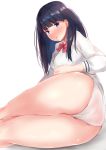  1girl ass bangs black_hair blue_eyes blush bow breasts buttons eyebrows_visible_through_hair highres hips huge_ass john_zhang long_hair long_sleeves looking_at_viewer lying on_side open_mouth panties parted_lips red_neckwear simple_background small_breasts solo ssss.gridman sweater takarada_rikka thick_thighs thighs underwear white_background white_panties white_sweater wide_hips 