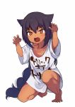  &gt;:o 1girl absurdres black_hair braid claw_pose dark_skin fang full_body highres jahy jahy_sama_wa_kujikenai konbu_wakame long_hair naked_shirt one_knee open_mouth oversized_clothes red_eyes shirt short_sleeves simple_background single_braid t-shirt white_background white_shirt 