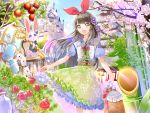  1girl :d apple basket blue_eyes blue_shirt bow brown_hair bunny_hair_ornament card castle eyebrows_visible_through_hair floating_hair floral_print flower food frilled_skirt frills fruit green_eyes hair_bow hair_ornament hairband highres holding holding_basket layered_skirt long_hair looking_at_viewer obi open_mouth original print_skirt rabbit red_bow red_flower red_hairband red_rose rose sash shirt short_sleeves skirt smile solo standing very_long_hair white_flower yuutarou_(fukiiincho) 