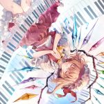  1girl album_cover ascot blonde_hair closed_eyes closed_mouth commentary_request cover crystal eyebrows_visible_through_hair facing_viewer feet_out_of_frame flandre_scarlet frilled_shirt_collar frills hands_clasped hat hat_ribbon hirai_yuzuki interlocked_fingers mob_cap musical_note own_hands_together petticoat piano_keys puffy_short_sleeves puffy_sleeves red_ribbon red_skirt red_vest ribbon shirt short_hair short_sleeves skirt skirt_set smile solo touhou upside-down vest white_shirt wings yellow_neckwear 