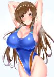  1girl armpits arms_behind_head arms_up bangs bare_shoulders blue_swimsuit blush breasts brown_eyes brown_hair cleavage closed_mouth collarbone commentary_request covered_navel heavy_breathing highleg highleg_swimsuit highres hips idolmaster idolmaster_cinderella_girls large_breasts long_hair looking_at_viewer nitta_minami one-piece_swimsuit sankakusui shiny shiny_hair simple_background smile solo swept_bangs swimsuit thighs waist white_background 