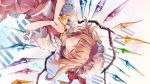  1girl album_cover ascot blonde_hair closed_eyes closed_mouth cover crystal eyebrows_visible_through_hair facing_viewer flandre_scarlet frilled_shirt_collar frills hands_clasped hat hat_ribbon highres hirai_yuzuki interlocked_fingers mob_cap musical_note own_hands_together piano_keys puffy_short_sleeves puffy_sleeves red_ribbon red_skirt red_vest ribbon shirt short_hair short_sleeves skirt skirt_set smile solo sparkle touhou upper_body upside-down vest white_shirt wings yellow_neckwear 